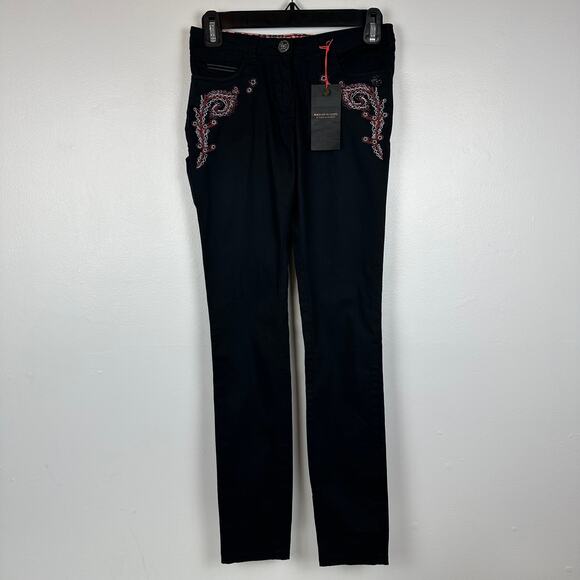 NWT Maison Scotch & Soda Womens Front Embroidered Black Skinny Jeans W24, L32 - Picture 1 of 11